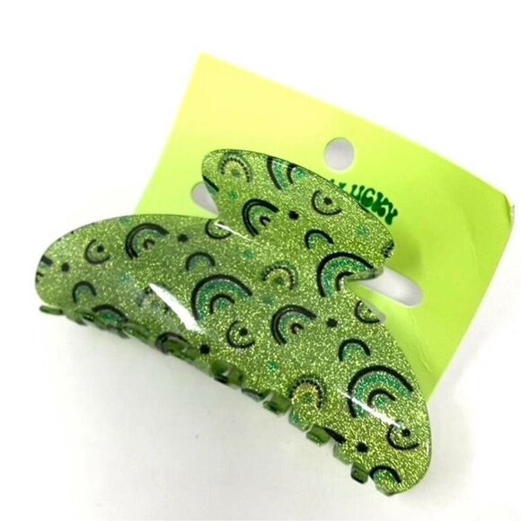 St. Patrick's Day Feelin' Lucky Jumbo Glitter Rainbow Print Claw Hair Clip Green - Picture 1 of 8